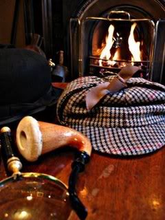 Sherlock Holmes Hat, Pipe, Mag Glass, Fireplace
